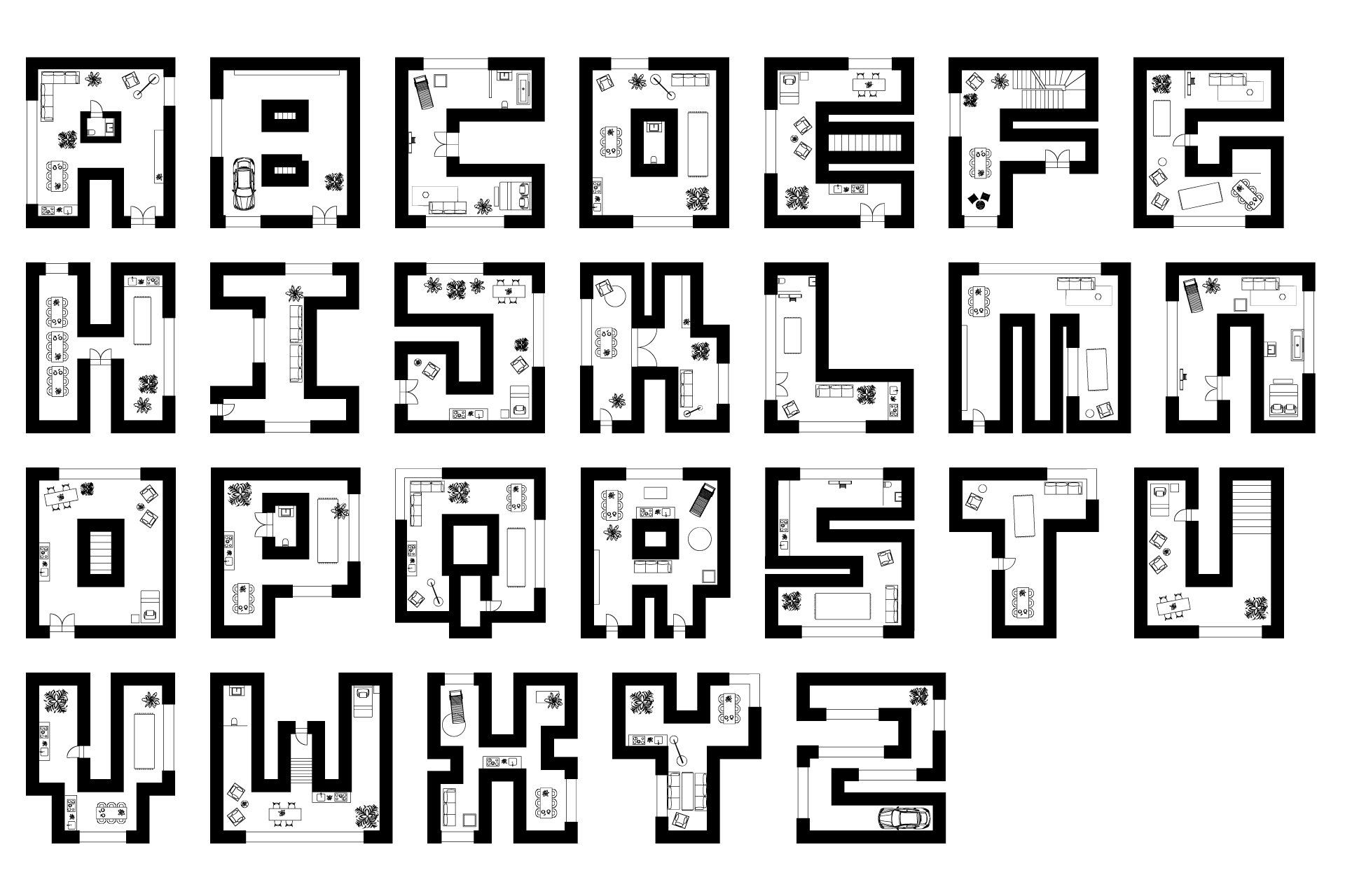 Forma Alphabet aus Grundrissen, jeder Buchstabe als Wohnungsgrundriss gestaltet — Schriftgestaltung und Grafikdesign Architektur Berlin, Freelance Grafikdesignerin Berlin