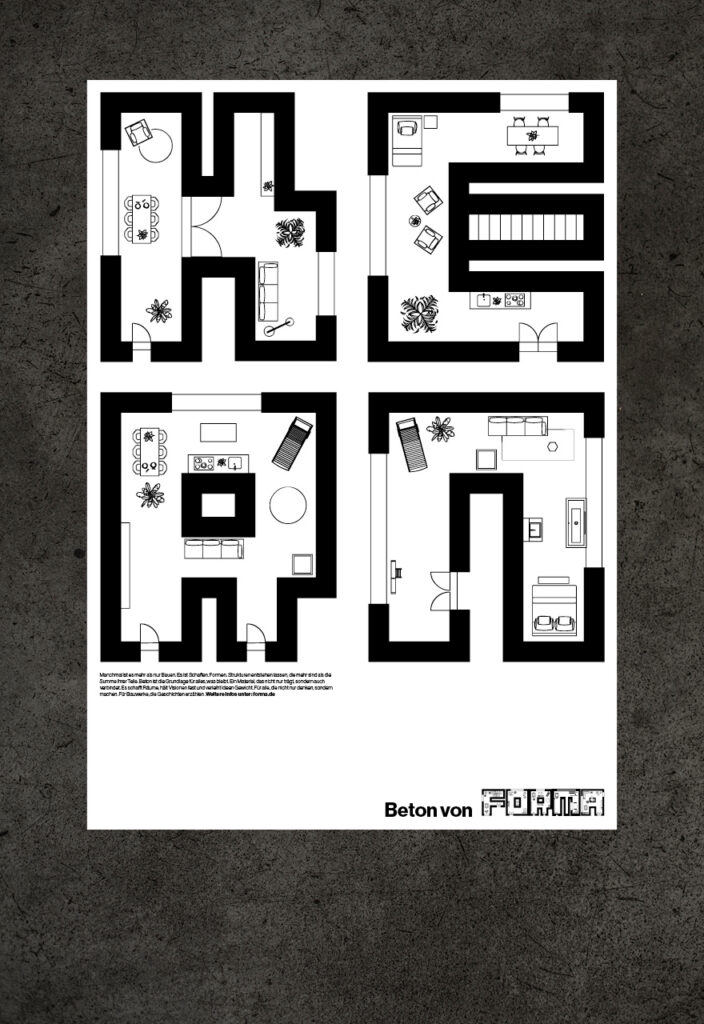 Forma Plakat mit schwarzen Grundrissen als Schriftzeichen auf hellem Hintergrund — Schriftgestaltung und Markenauftritt gestalten, Grafikdesignerin Berlin