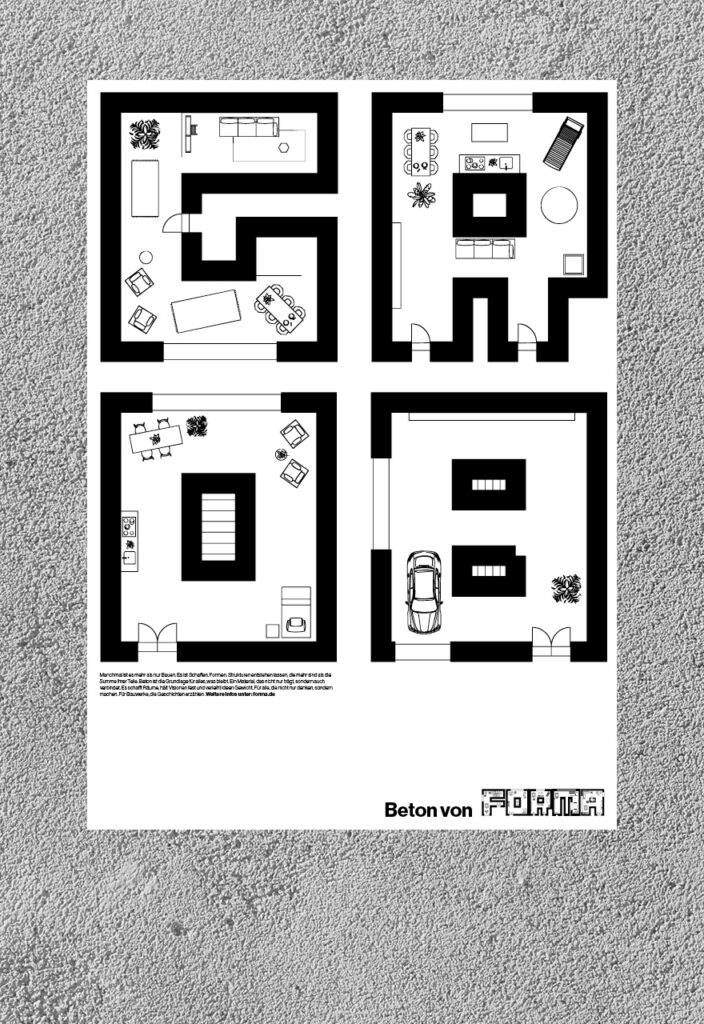 Forma Plakat mit vier Grundrissen als Buchstaben auf hellem Betonhintergrund — Schriftgestaltung und Grafikdesign Architektur Berlin, Freelance Grafikdesignerin Berlin