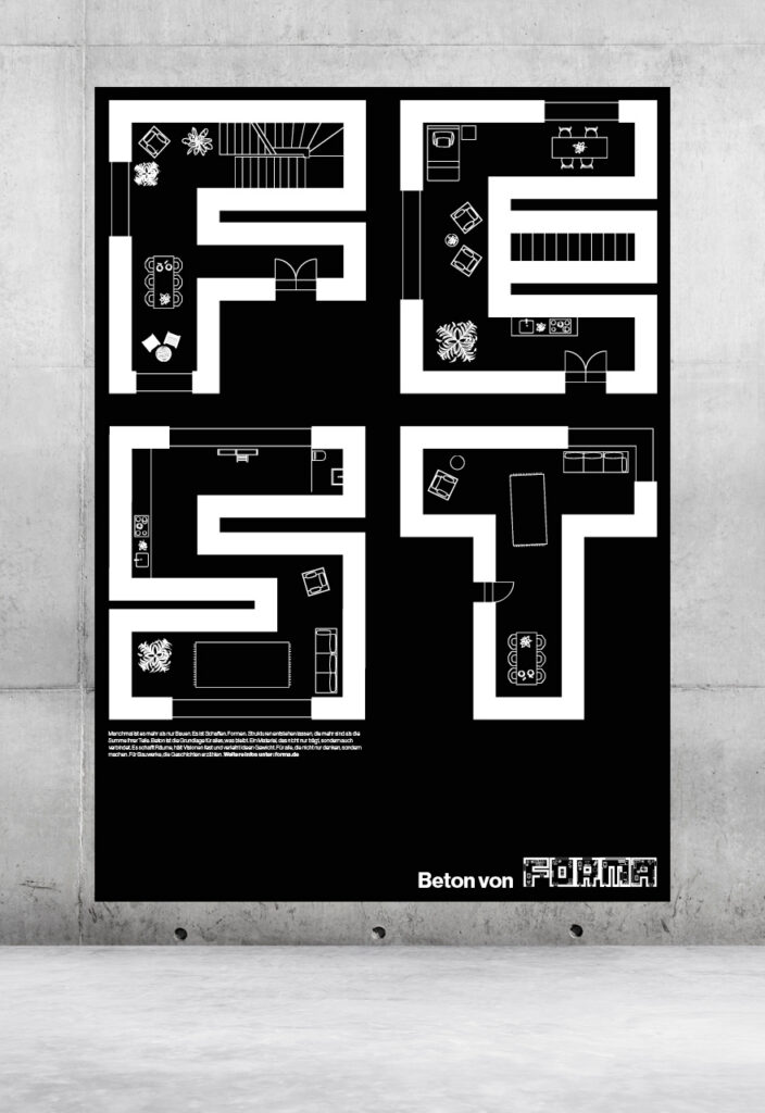 Forma Plakat an Betonwand mit schwarzen Grundriss-Buchstaben und Logo — Schriftgestaltung und Grafikdesign Architektur Berlin, Freelance Grafikdesignerin Berlin