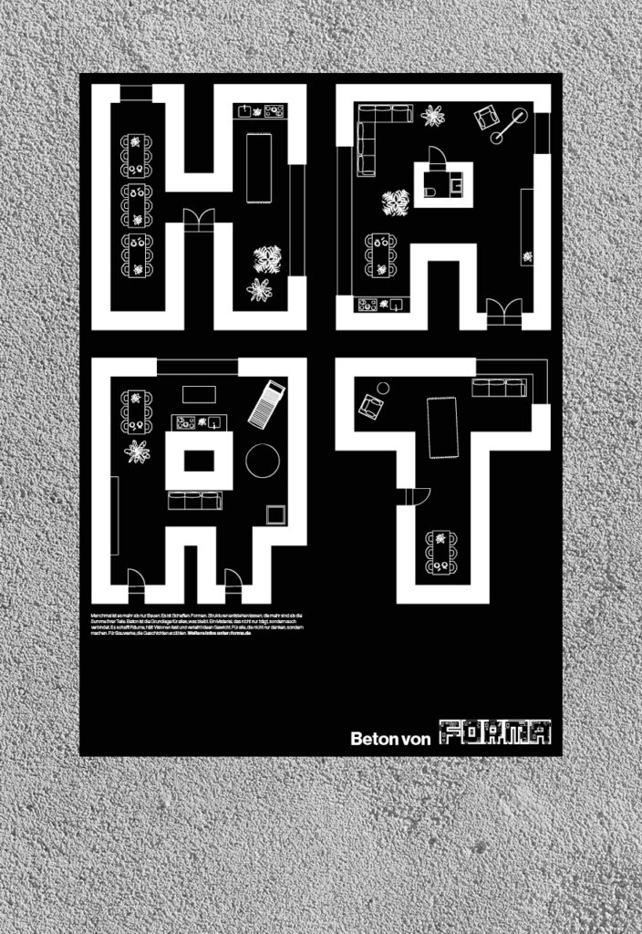 Forma Plakat mit vier weißen Grundriss-Buchstaben auf schwarzem Hintergrund — Markenauftritt gestalten für Architektur Berlin, Freelance Grafikdesignerin Berlin