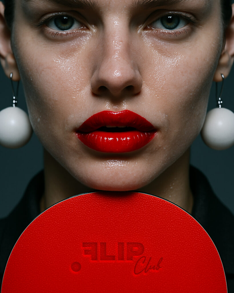 Frau in rotem Outfit mit Flip Club Logo und Tischtennisschläger — Markenauftritt gestalten, Logo & Markenauftritt Berlin, Grafikdesignerin Berlin
