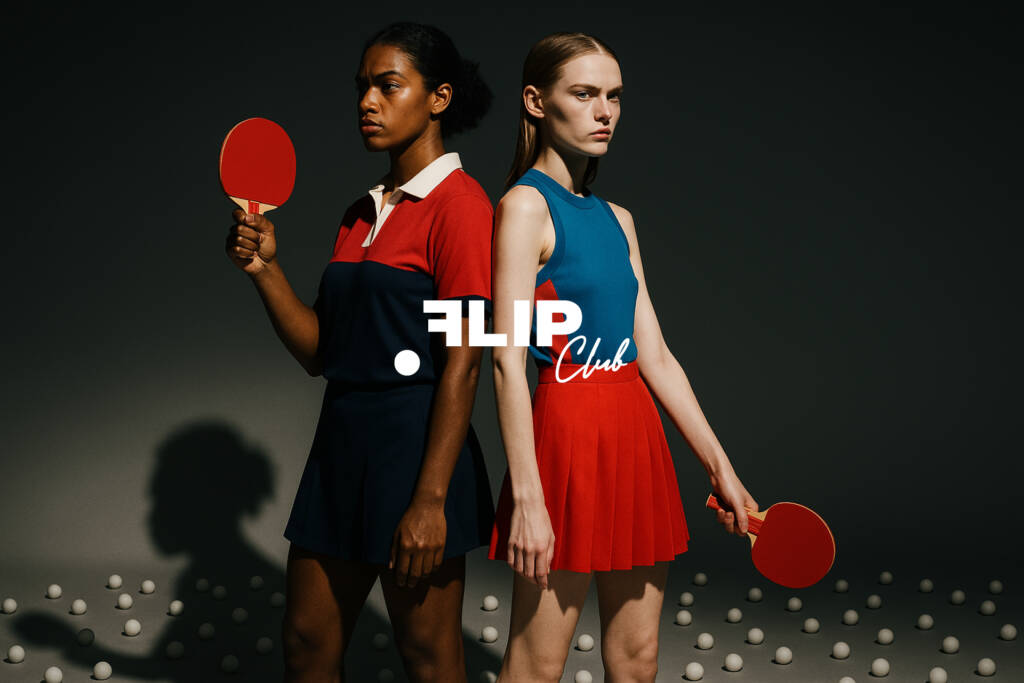 Zwei Frauen in Flip Club Outfits mit Schlägern vor grauem Hintergrund