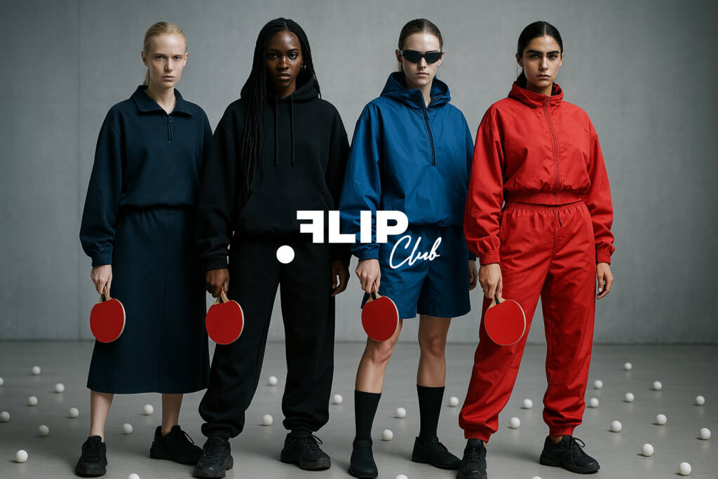Vier Personen in Sportkleidung in Dunkelblau, Schwarz, Blau und Rot mit Tischtennisschlägern und Flip Club Logo