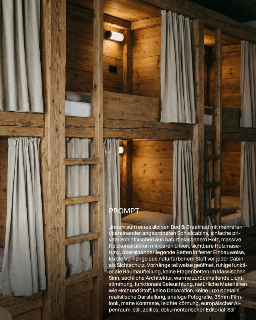 KI-generiertes Bild eines alpinen Bed & Breakfast Innenraums mit Holzetagenbetten und Vorhängen — KI Bildwelten entwickeln, Grafikdesignerin Berlin, Markenauftritt für Hotellerie