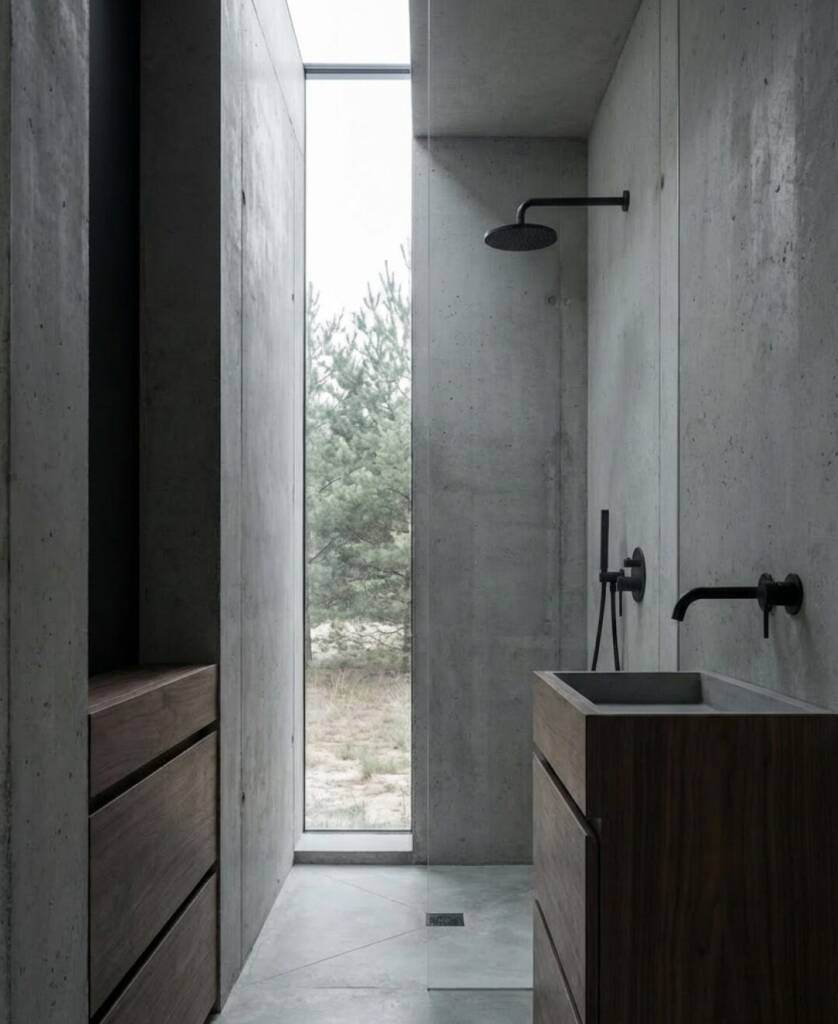 Minimalistisches Badezimmer der Ground Cabin mit Betonwänden, Holz und Blick in den Wald