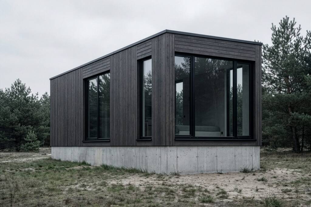 Außenaufnahme der Ground Cabin mit dunkler Holzfassade und großen Fenstern in Brandenburg