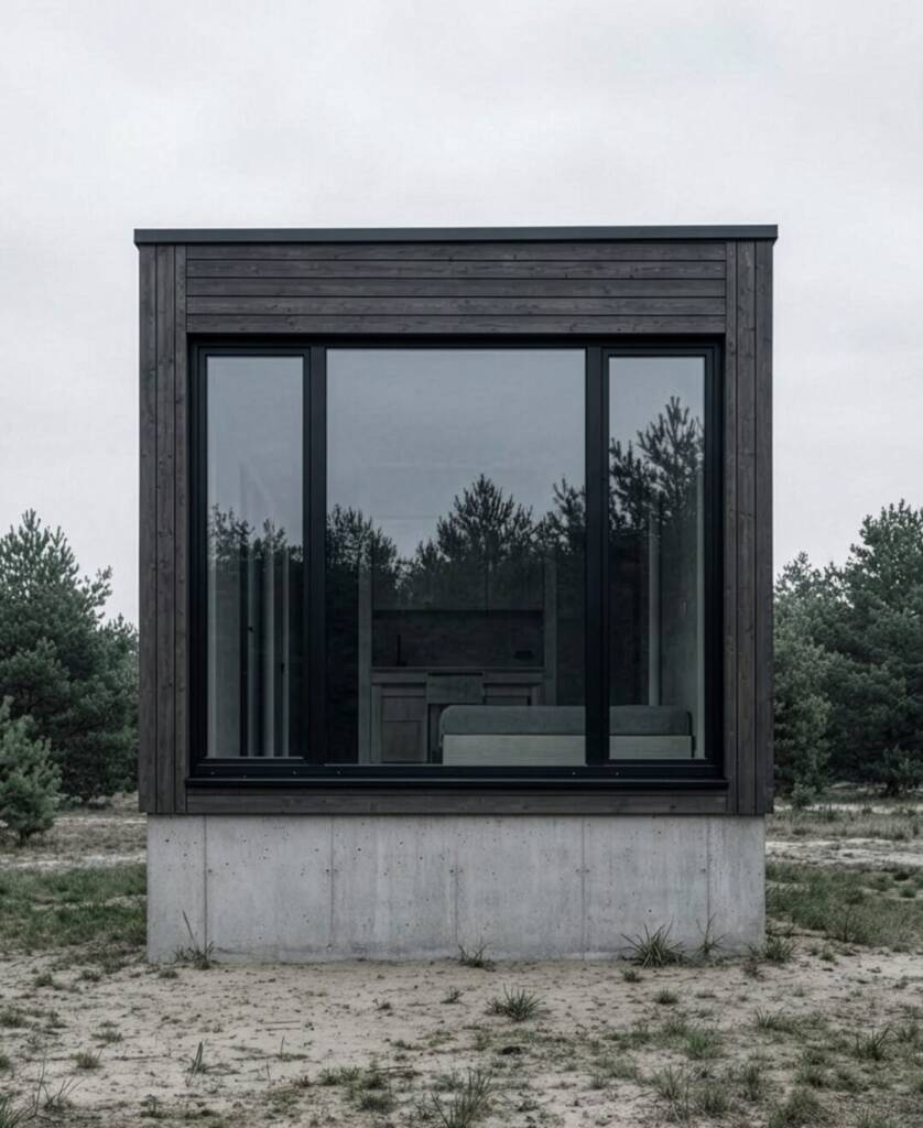 Außenaufnahme der Ground Cabin mit dunkler Holzfassade und großen Fenstern in Brandenburg