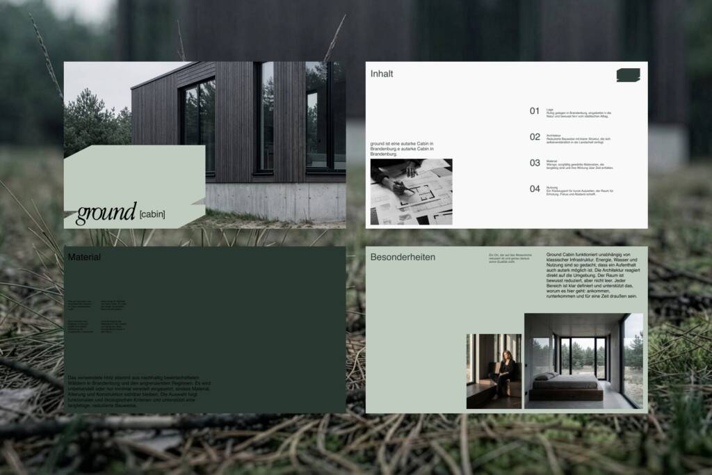 Ground Cabin Exposé Seiten mit Foto und Texten zur autarken Cabin in Brandenburg