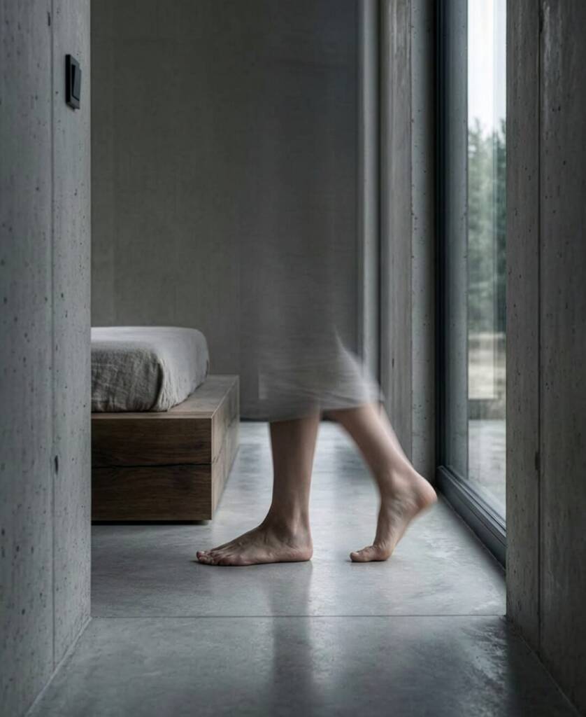 Person läuft barfuß durch minimalistischen Betonraum der Ground Cabin mit Blick in den Wald