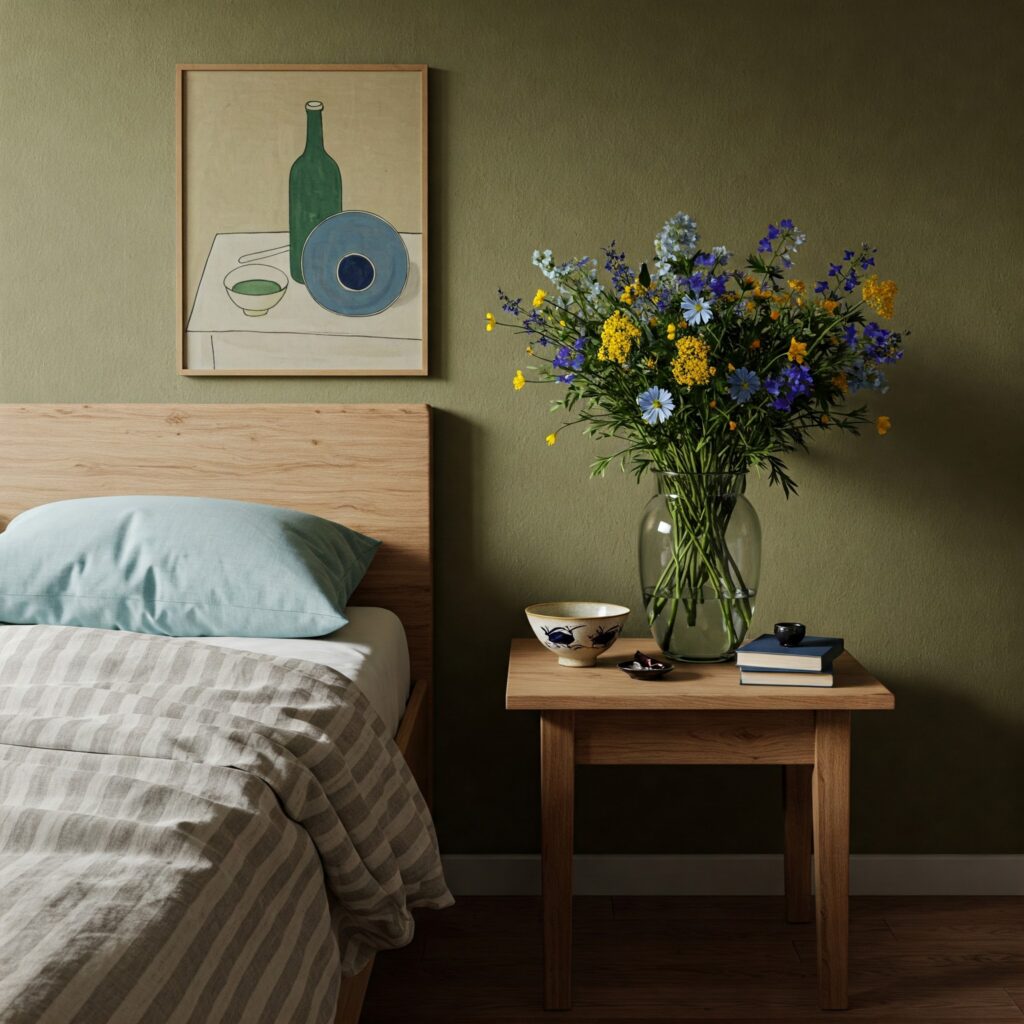 Stimmungsvolles Hotelzimmer mit Holzbett, blauer Bettwäsche und Wildblumenstrauß vor olivgrüner Wand — Grafikdesign Hotellerie, Markenauftritt gestalten für Hotels, Freelance Grafikdesignerin Berlin