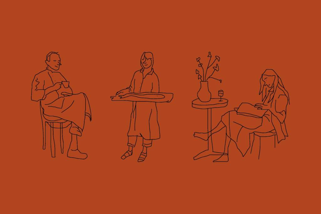 Nordau Illustration mit Servicepersonal in Terrakotta-Rot