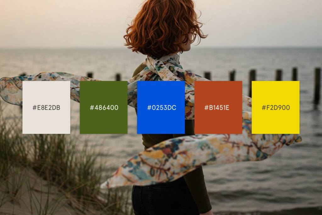 Nordau Farbpalette und Moodboard mit Wildblumen, Flaschen und Hotelzimmer