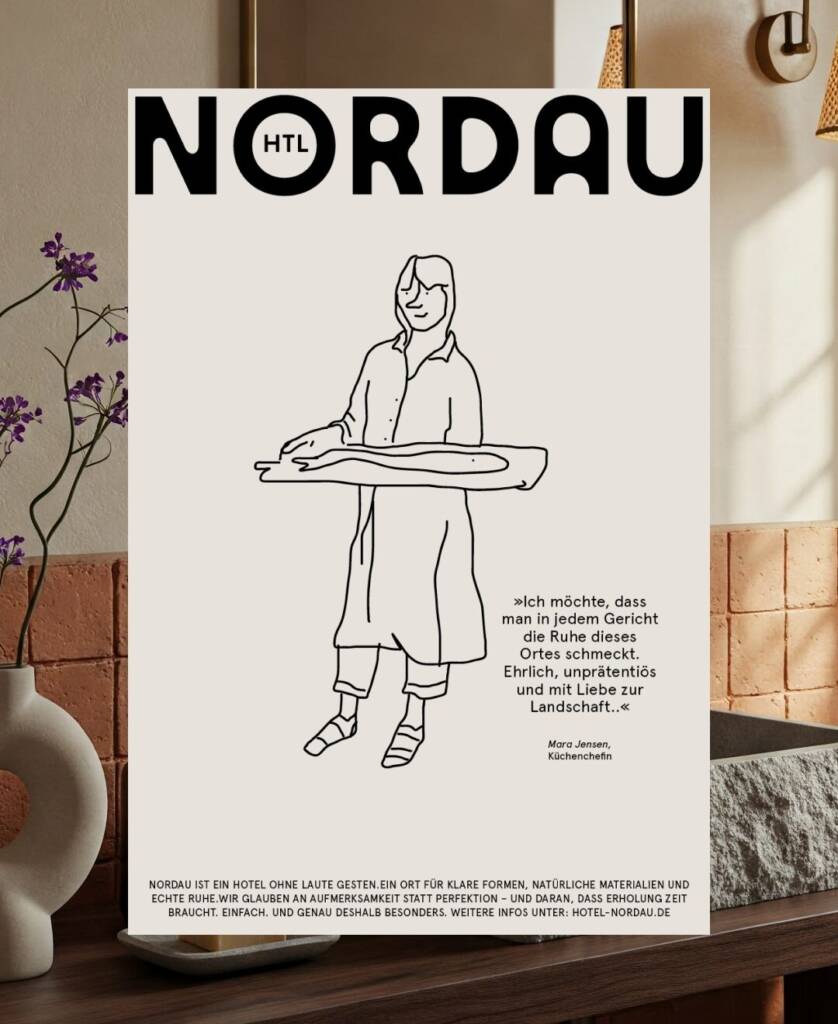 Nordau Mitarbeiter:innen-Poster mit Illustration in Terrakotta und Weiß