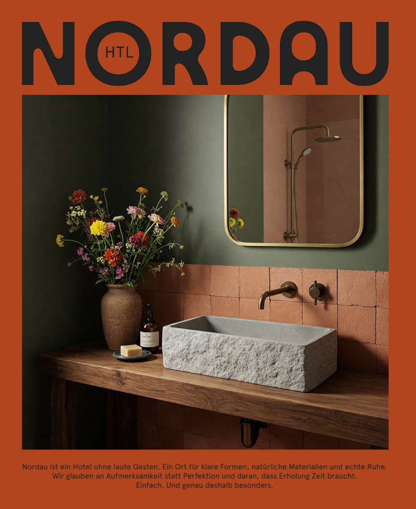Nordau Poster in Orange mit Badezimmerfotografie und kräftiger Schrift — Logo & Markenauftritt Berlin, Grafikdesign Hotellerie, Freelance Grafikdesignerin Berlin
