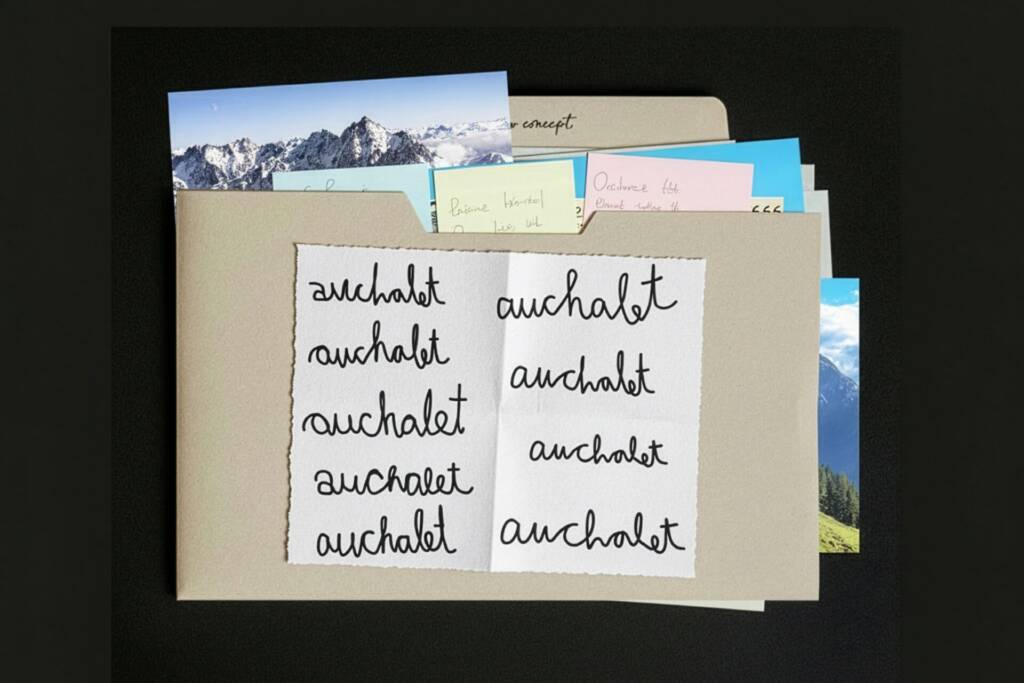 Auchalet Designprozess mit handgeschriebenen Schriftvarianten und Konzeptmappe