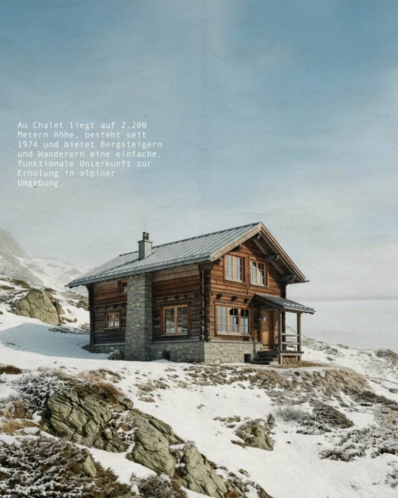 Auchalet Außenaufnahme des Holzchalets auf 2200 Metern Höhe in alpiner Winterlandschaft