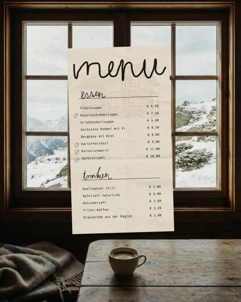 Auchalet Speisekarte mit handgeschriebener Typografie vor Bergpanorama und Kaffeetasse