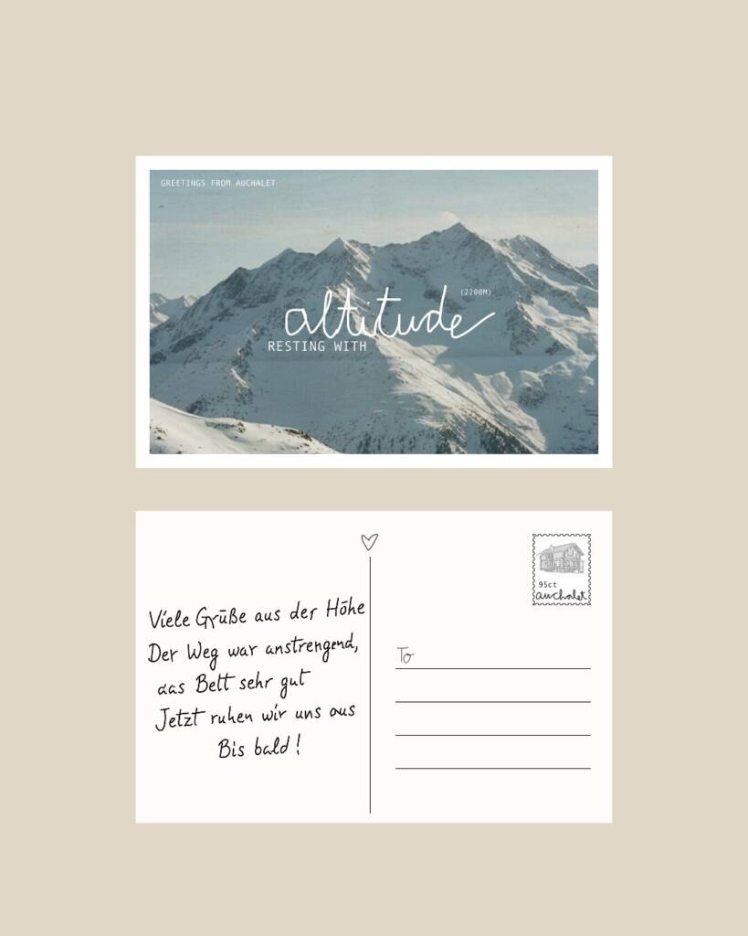 Auchalet Postkarte Vorder- und Rückseite mit Bergpanorama und handgeschriebenem Text