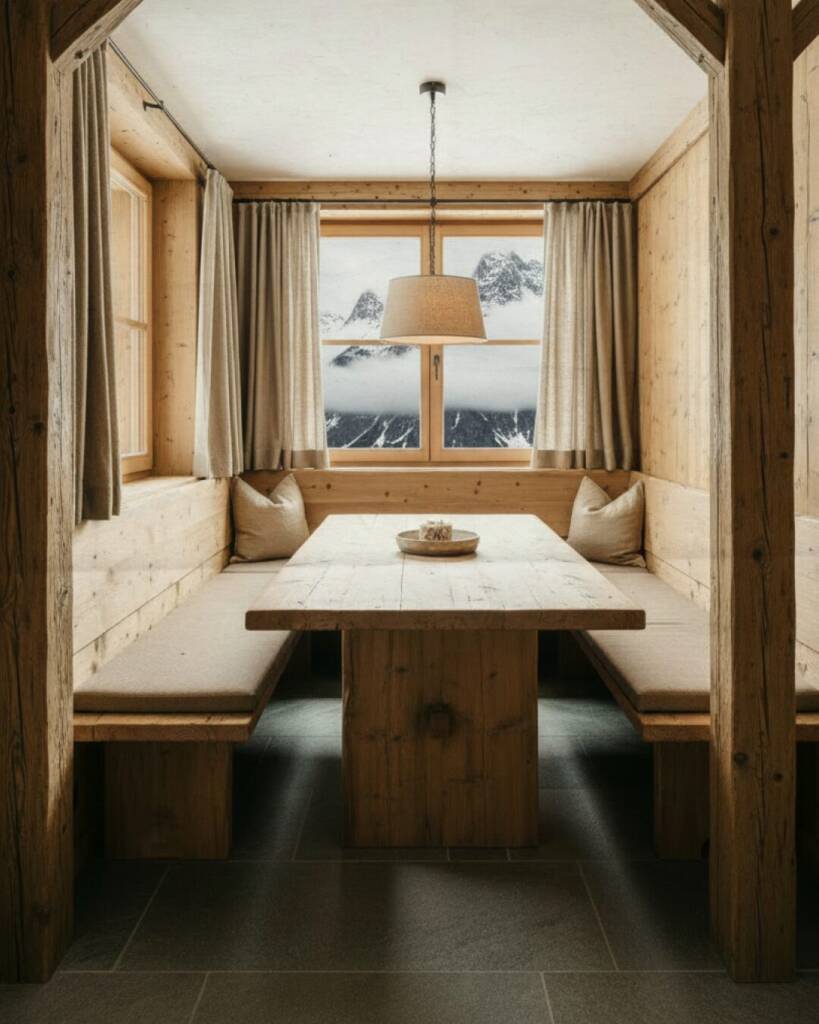 Gemütliche Holzsitzecke im Auchalet mit Bergblick und natürlichen Materialien