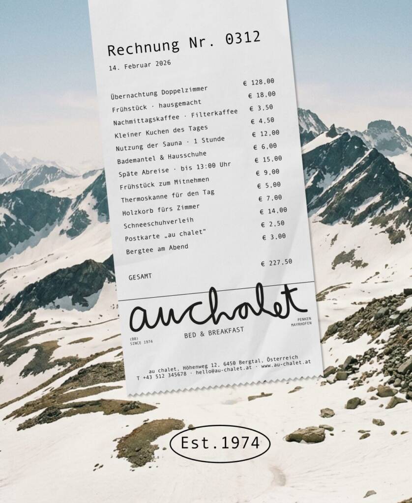 Auchalet Rechnung mit Logo vor Bergpanorama