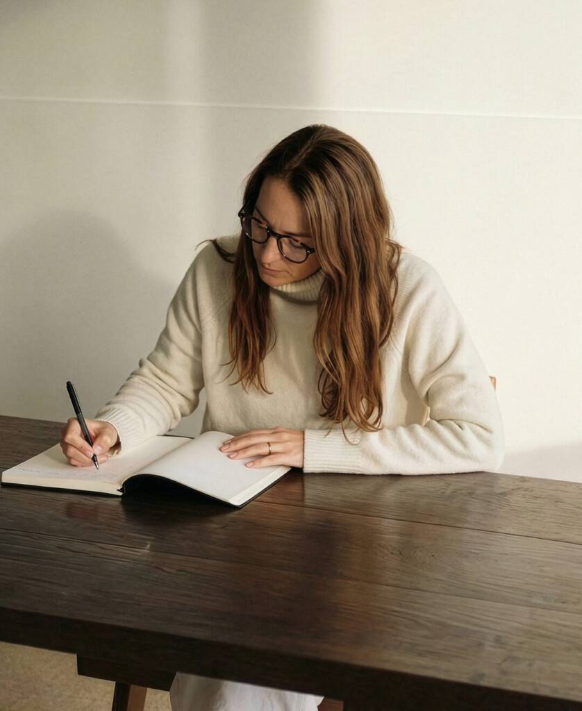 Frau schreibt konzentriert in ein Notizbuch an einem hellen Holztisch