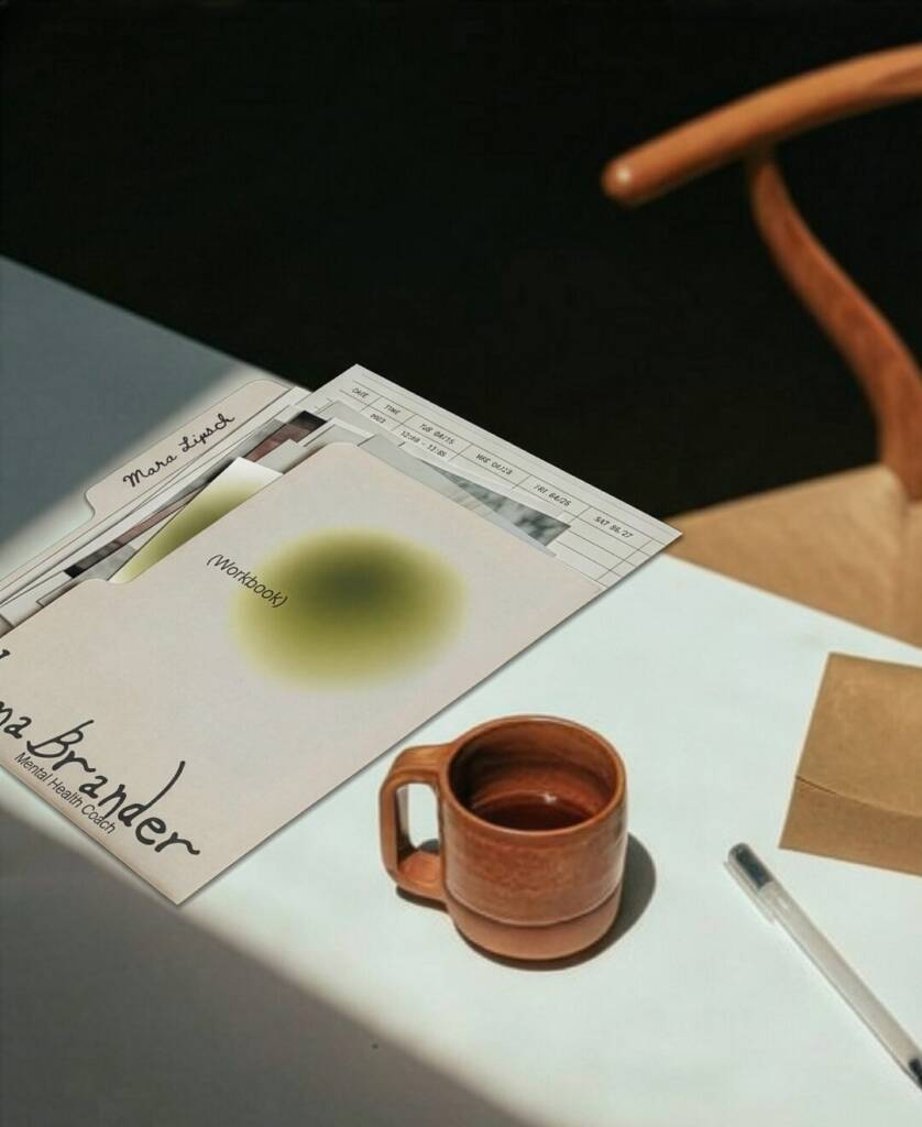Arbeitsprozess: Briefpapier und Notizkarten für Irma Brander auf hellem Tisch mit Kaffeetasse