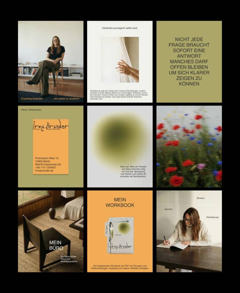 Social-Media-Kacheln für Irma Brander mit Portraitfotos, Mohnblumen und Typografie in Olivgrün