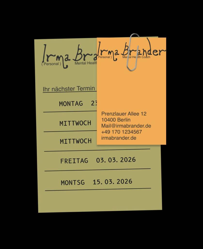 Terminzettel für Irma Brander auf gelbem Papier mit handgeschriebener Typografie