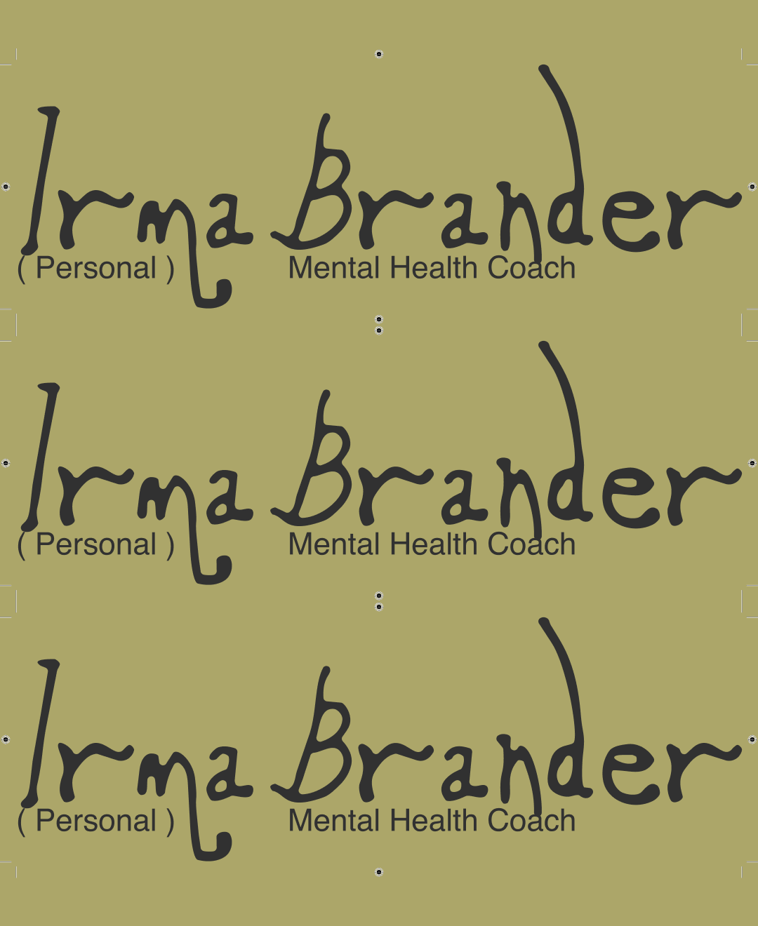 Logo Irma Brander Mental Health Coach in handgeschriebener Typografie auf olivgrünem Hintergrund — Logo gestalten lassen Berlin, Markenauftritt gestalten für Lifestyle-Marke, Freelance Grafikdesign Berlin