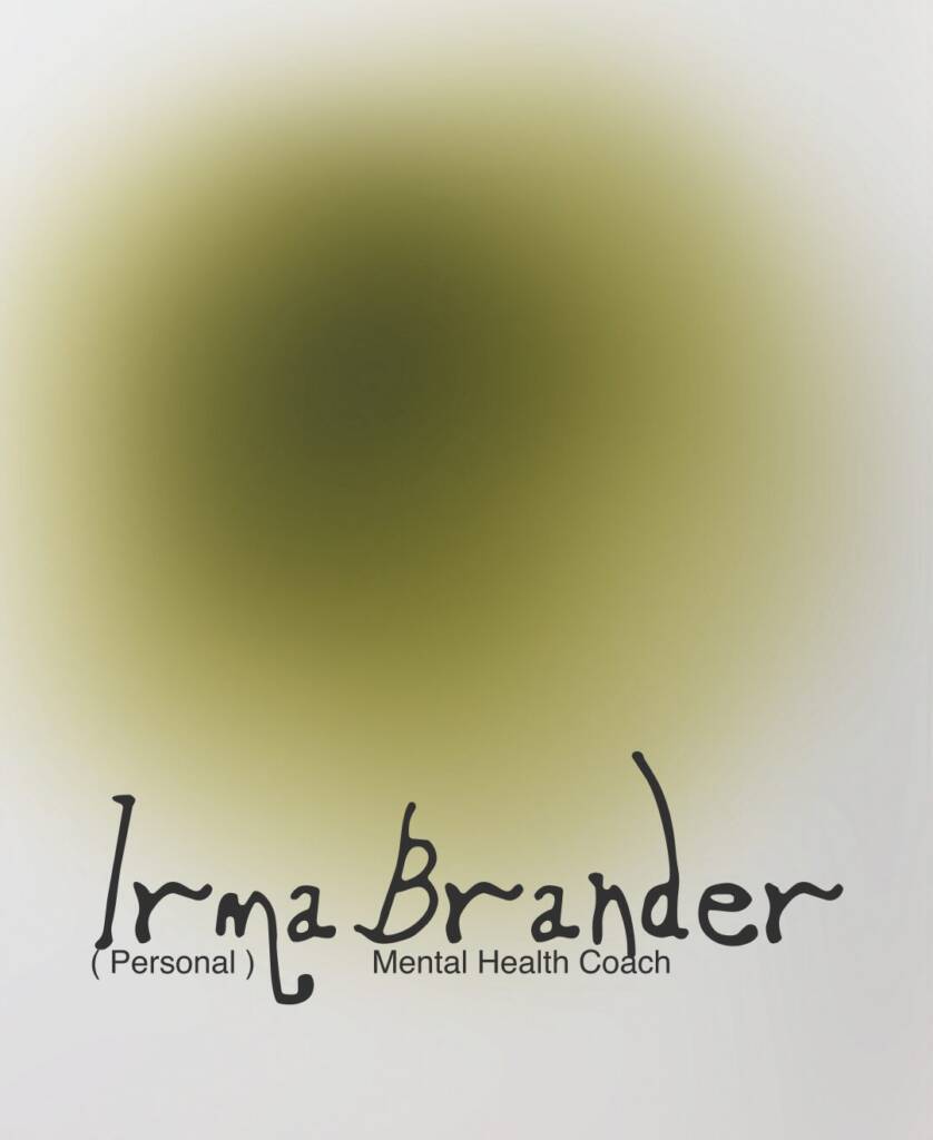 Verschwommene olivgrüne Kreisform mit Irma Brander Logoschrift