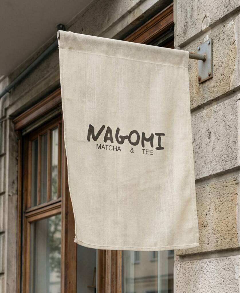 Nagomi Matcha & Tee Flagge am Berliner Gebäude mit handgeschriebenem Markenlogo