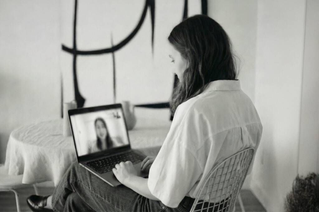Nagomi Gründerin im Video-Meeting mit Laptop in Schwarz-Weiß