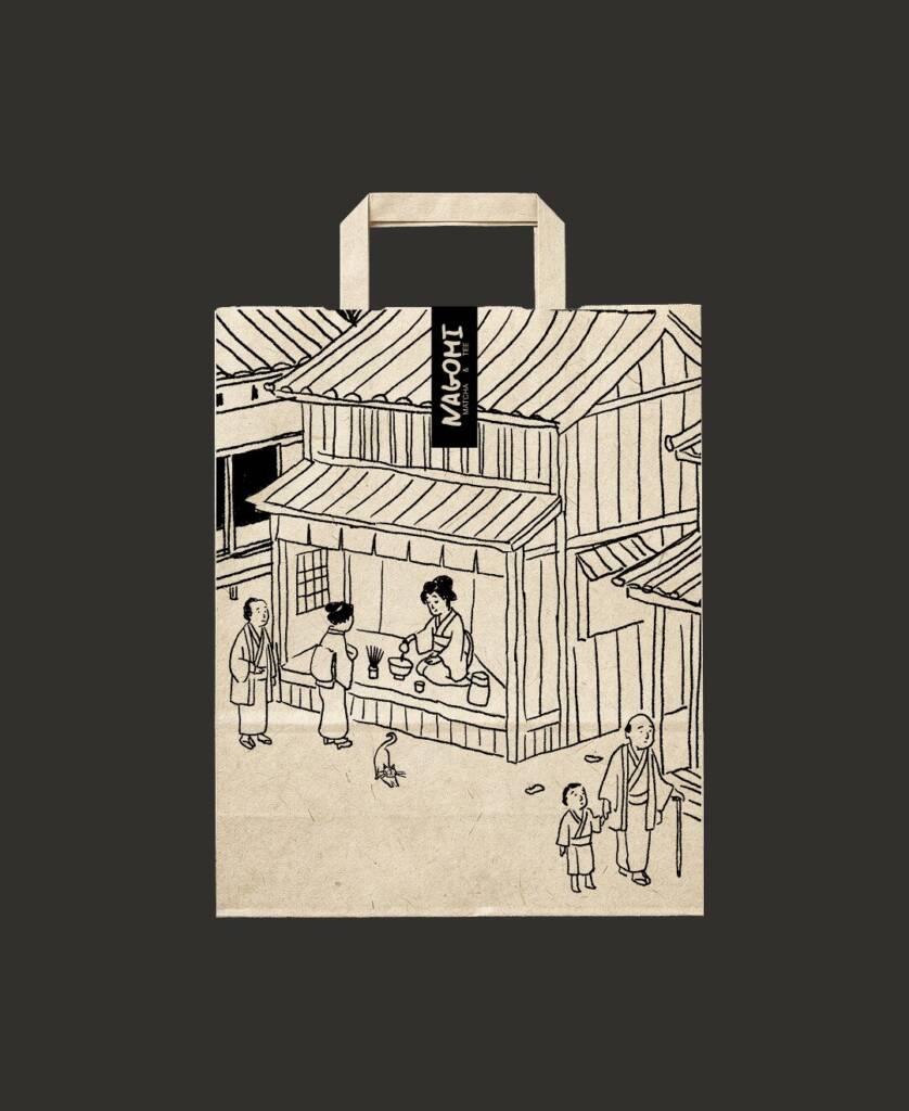 Nagomi Matcha & Tee Papiertasche mit handgezeichneter japanischer Teehaus-Illustration und Markenlogo