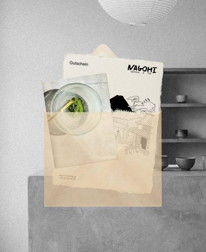 Nagomi Matcha & Tee Gutschein mit japanischer Illustration und Markenlogo auf handgeschöpftem Papier