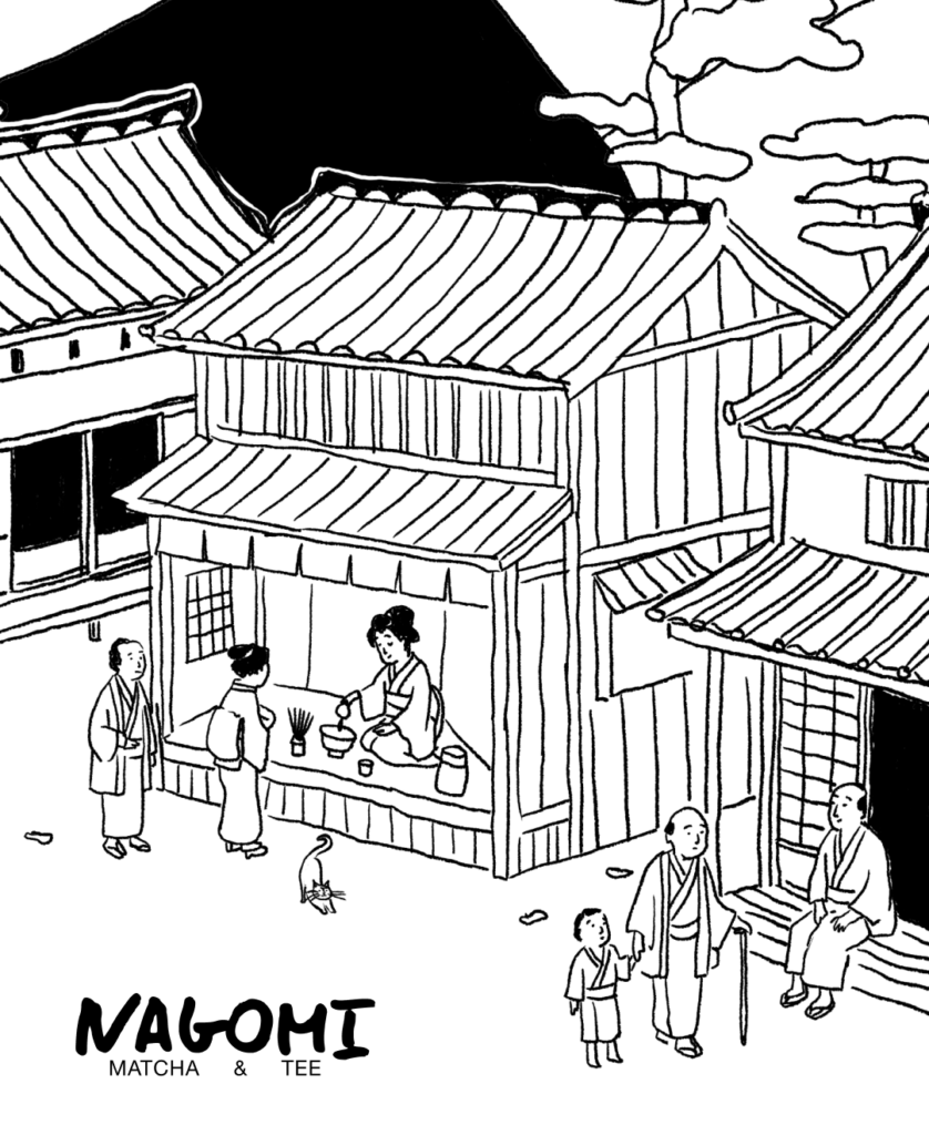 Illustration eines japanischen Teehauses für das Branding-Projekt Nagomi Matcha & Tee — Markenauftritt gestalten mit handgezeichnetem Stil, visuelle Identität entwickeln für Lifestyle-Marke, Freelance Grafikdesign Berlin