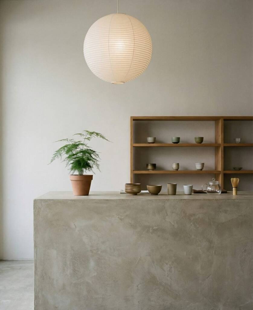 Minimalistischer Teeshop mit Matcha-Utensilien auf Betontheke und Holzregal