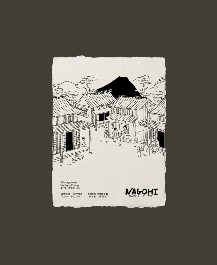 Nagomi Matcha & Tee Flyer mit japanischer Illustration und Öffnungszeiten