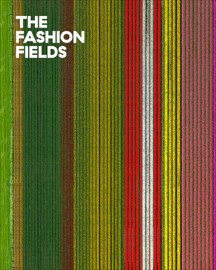 Fashion Fields Logo auf Luftaufnahme bunter Tulpenfelder — visuelle Identität entwickeln Berlin, Freelance Grafikdesignerin für Architektur und Lifestyle