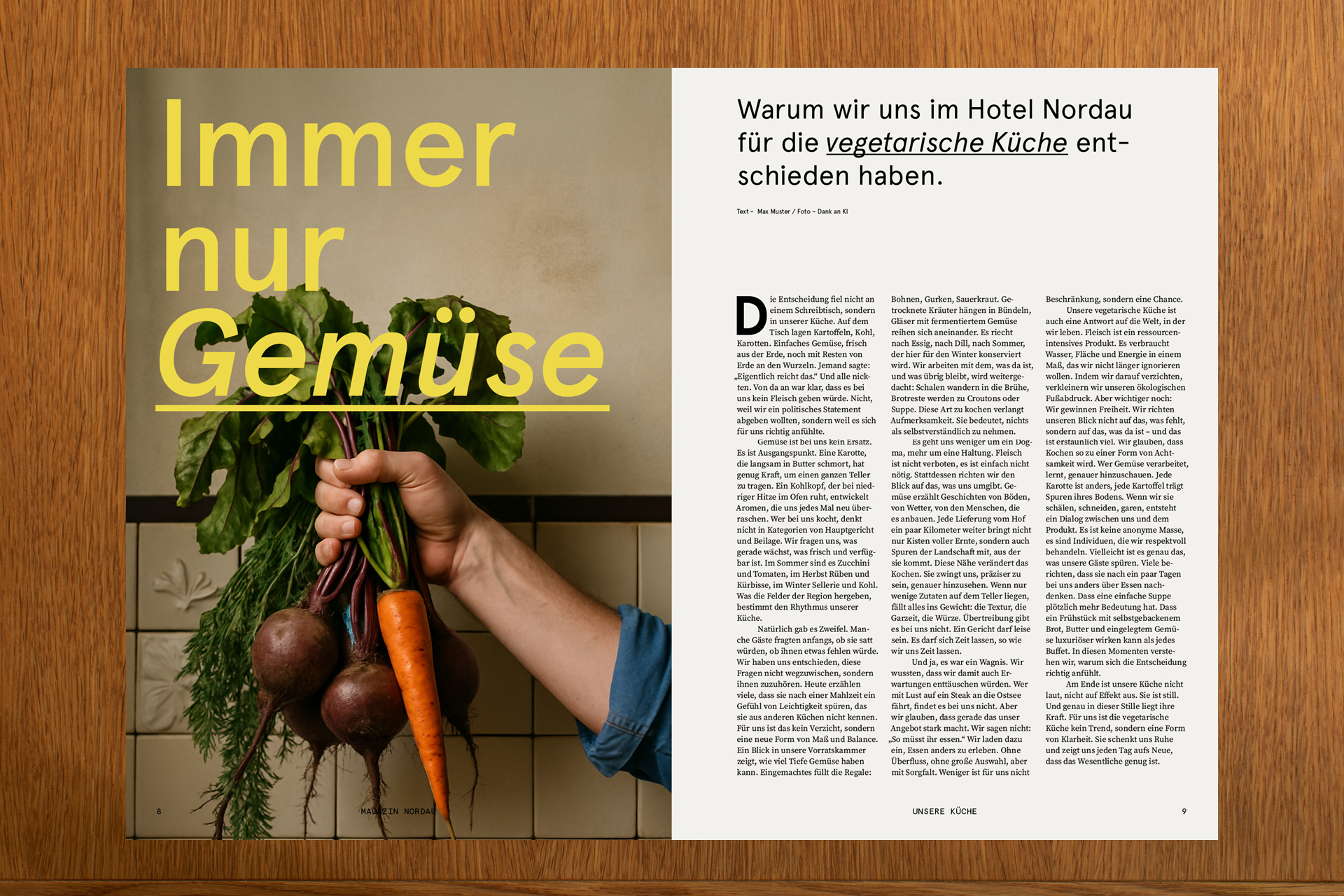 Hand hält frisches Gemüse vor gelbem Hintergrund, Magazin Doppelseite zur vegetarischen Küche