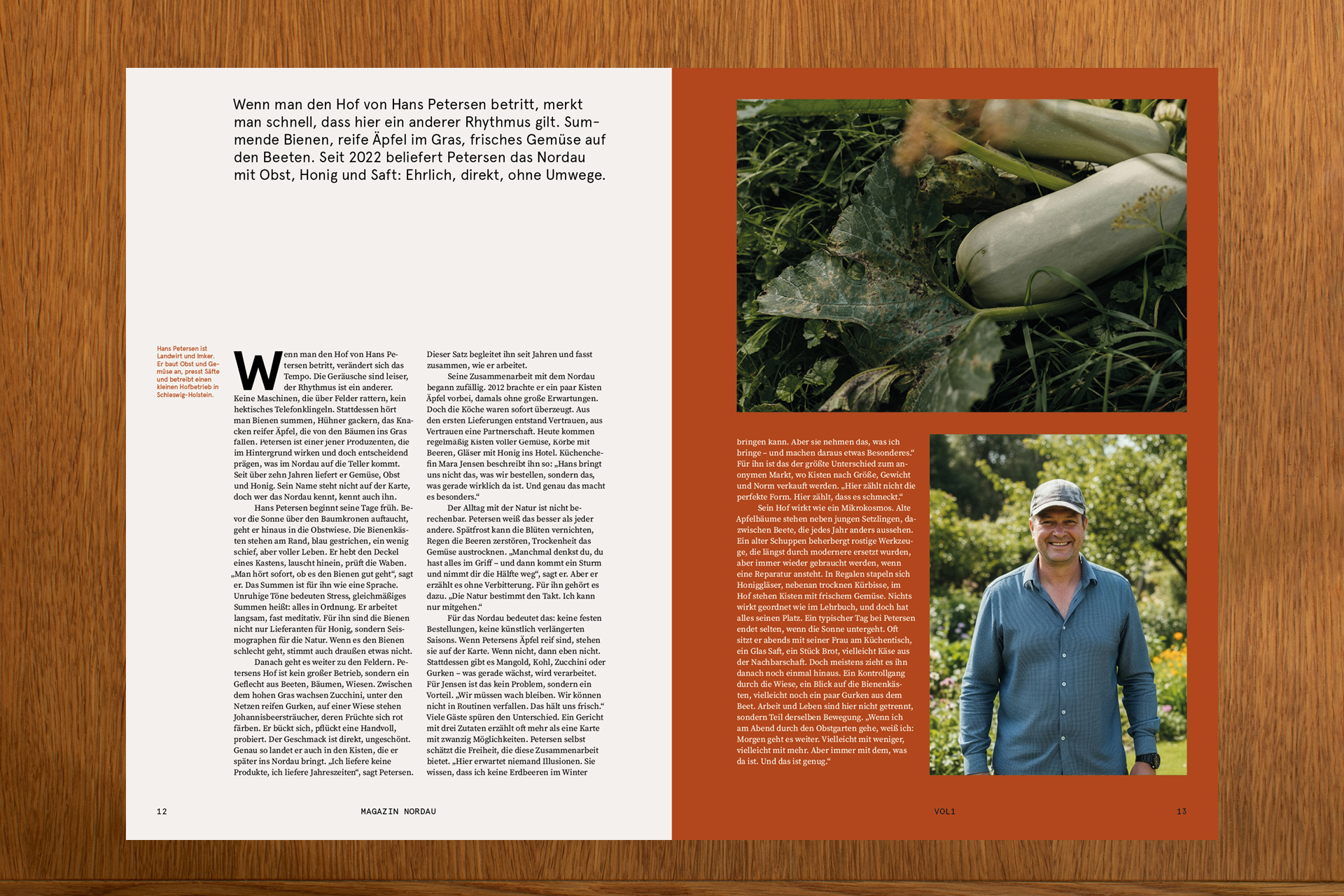 Magazin Doppelseite mit Text über Bauernhof, Gemüsefelder und Porträt eines Landwirts