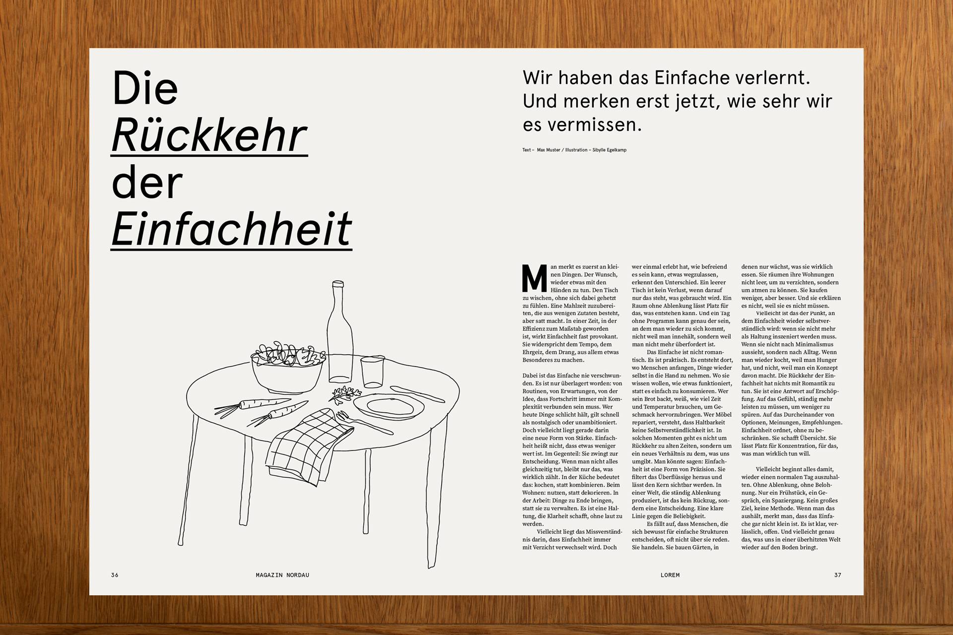Illustration eines gedeckten Tisches und Magazintext über bewusstes Leben