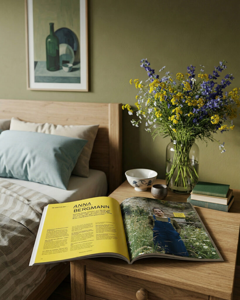 Magazin liegt geöffnet auf einem Tisch, gelbe Seite trifft auf Fotografie, weiches Licht fällt darauf.
